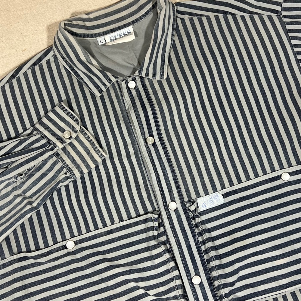 Vintage Guess For Men‎ Striped Long Sleeve Pearl Snap Shirt - Size L *FLAWS